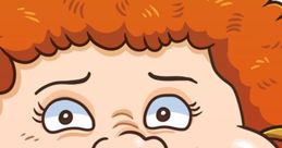 Cartoon character with curly orange hair and large cheeks, expressing a humorous or surprised emotion, embodying "Yo Mama" humor.