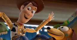 Woody and friends celebrate together in a joyful scene from Toy Story, showcasing fun and friendship.