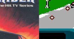 Cover art and gameplay from the NES game "Knight Rider," showcasing 80s retro style and iconic car visuals.