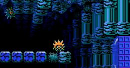 Metroid NES scene featuring vibrant blue scenery and an enemy character in a mysterious cave setting.