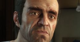 Trevor Philips from GTA V showing intense expression and distinctive "CUT HERE" tattoo on his neck.