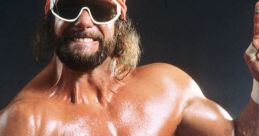 Randy Savage flexing muscles, wearing sunglasses and bandana, proudly holding the championship belt, showcasing his wrestling legacy.