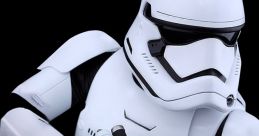 Action figure of a Stormtrooper holding a blaster, showcasing iconic white armor and detailed design against a black background.