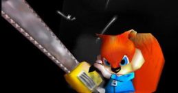 Conker the squirrel wields a chainsaw, ready for action in Conker's Bad Fur Day on Nintendo 64, showcasing its unique humor.