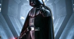 Darth Vader stands confidently in a sci-fi corridor, wielding a red lightsaber and showcasing his iconic black armor.