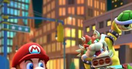 Mario races in his go-kart, pursued by Bowser, in a vibrant city setting from Mario Kart. High-speed fun and competition!