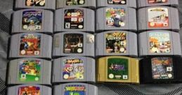 Collection of Nintendo 64 game cartridges including Super Smash Bros., featuring iconic titles from the era.