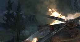 Burning helicopter wreckage in Call of Duty 4, showcasing dramatic effects in a battlefield setting.