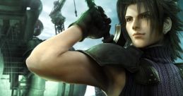 Zack Fair wielding his sword in a dramatic pose, set against the industrial backdrop of Crisis Core: Final Fantasy VII.