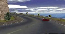 Racing scene from "The Need for Speed" on 3DO featuring a dashboard view and a winding coastal road. Fast-paced excitement!