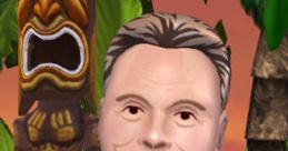 Pat Sajak in a vibrant setting, animated style, hosting Wheel of Fortune with tropical décor and a tiki statue.