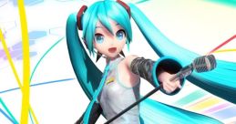 Hatsune Miku performing with a microphone, vibrant colors, from Project Diva Future Tone DX on PlayStation 4.