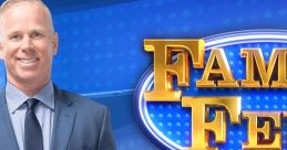 Host of Family Feud stands confidently, showcasing the vibrant game show backdrop and logo for a fun gaming experience.