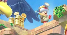 Toad characters explore a colorful landscape in Captain Toad: Treasure Tracker, collecting coins and a shining star.