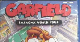 Garfield and Odie on the cover of "Garfield: Lasagna World Tour" for PlayStation 2, featuring vibrant cartoon graphics.