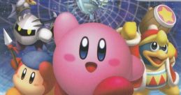 Colorful cover art of Kirby's Adventure Wii featuring Kirby, King Dedede, and Meta Knight in a whimsical scene.