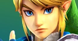 Link from Hyrule Warriors showcasing his iconic look with blue eyes and hero's attire, preparing for battle on Wii U.