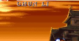 Chun Li in action with her signature kick, surrounded by a dynamic sunset backdrop. Retro gaming meets fighting spirit.