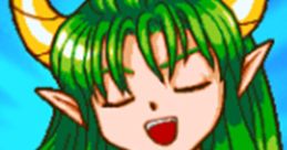 Incubus from Puyo Puyo Sun smiles while playing ukulele, showcasing vibrant green hair and tropical attire in Saturn's classic style.