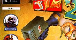 Cover art for Earthworm Jim 2 on PlayStation, featuring Jim with a blaster and characters like Psy-Crow and Princess What's-Her-Name.