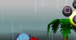 Character navigating a log in rainy weather, holding a net in "Ape Escape" for PlayStation, showcasing vibrant visuals.