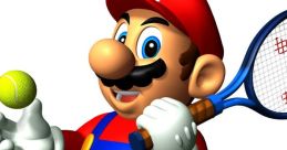 Mario holding a tennis racket and a ball, showcasing his playful character from Mario Tennis on Nintendo 64.