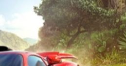 Vibrant red sports car speeding on a dirt path surrounded by lush greenery, evoking the excitement of Forza Horizon.