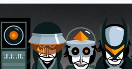 Three stylized characters from the V8 - Dystopia theme in Incredibox Mobile, showcasing unique designs and sounds.