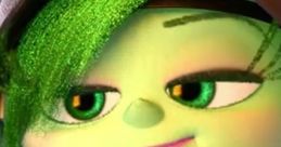 Disgust from Inside Out winks playfully, showcasing her vibrant green hair and stylish outfit, embodying character voices.