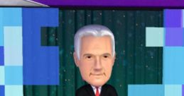 Alex Trebek character from Jeopardy! in Wii game, hosted at a virtual quiz set, showcasing a stylized game experience.