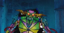 Colorful stained glass goblin character from Hall of Heroes in MediEvil on PlayStation, showcasing unique art style and design.