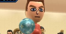 Mii character preparing to bowl in Wii Sports Club, showcasing gameplay screen with scores and other participants in background.