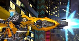 Bumblebee fires energy blasts in an urban setting from "Transformers: The Game" on Wii, showcasing dynamic combat effects.