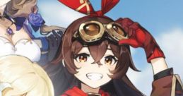 Character from Genshin Impact with goggles and red headband, smiling, showcasing vibrant anime art style and adventure spirit.