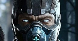 Mortal Kombat character with icy features and a high-tech mask, set against a mysterious backdrop, showcasing intense energy.