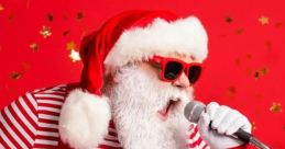 Santa Claus in red and white stripes sings into a microphone, embodying the festive spirit of classic holiday Christmas songs.