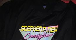 Black t-shirt featuring "Stephen P. New Consigliere to the Cult of Cornette" in vibrant retro text design.