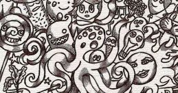 Whimsical doodle featuring an octopus surrounded by playful characters, snacks, and imaginative elements for "Random 間" theme.