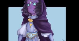 Fantasy character design with purple skin, horns, and glowing eyes, wearing a regal cloak and ornate outfit.