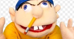 SML Jeffy puppet wearing a yellow shirt, blue hat, and pencil in mouth, showcasing his playful and mischievous personality.