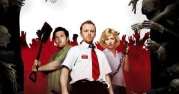 Shaun of the Dead poster with main characters facing zombies, featuring humorous survival themes and horror-comedy elements.