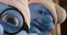 Two playful Smurfs with glasses and hats, showcasing their distinctive blue skin and whimsical expressions.