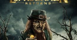 Leprechaun Returns poster featuring a menacing leprechaun holding a gold coin in a dark, overgrown setting.