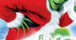 The Grinch, dressed in a Santa suit, playfully poses against a snowy Whoville backdrop in "How the Grinch Stole Christmas.