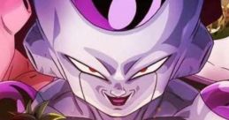 Frieza looms menacingly over two characters holding weapons in a fiery background from Dragon Ball: The Breakers game.