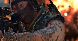 Engaged soldier in tactical gear wielding a gun, showcasing tattoos and intense battlefield atmosphere in Call of Duty Warzone.