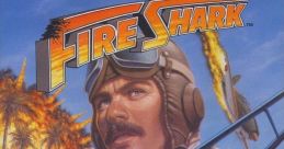 Fire Shark video game cover features intense aerial combat with a shark-themed plane and explosions in the background.