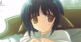 Character from NacCHU: Leaf Arrange, sitting on a bed, with cat-like ears and an inviting expression, surrounded by soft light.