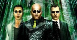 Epic cover art for The Matrix Online, featuring iconic characters in a futuristic, green-drenched cityscape.