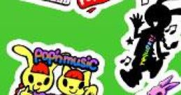 Colorful stickers featuring characters and logos from Pop'n Music Request Best! game on a vibrant green background.